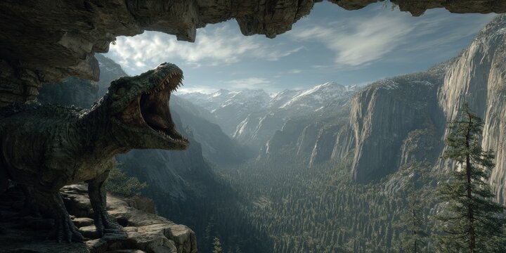Dramatic dinosaur in mountainous landscape amidst cloudy skies and deep valley