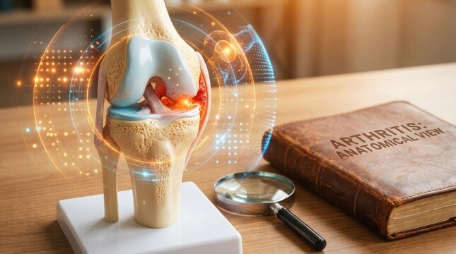 Skeletal condition research: arthritis problem, arthrosis damage, osteoarthritis pain, osteoarthrosis discomfort, anatomy study, bone structure, cartilage wear, medical science.
