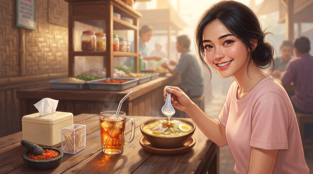 Beautiful smiling woman eating hot traditional chicken soto soup at a bamboo restaurant