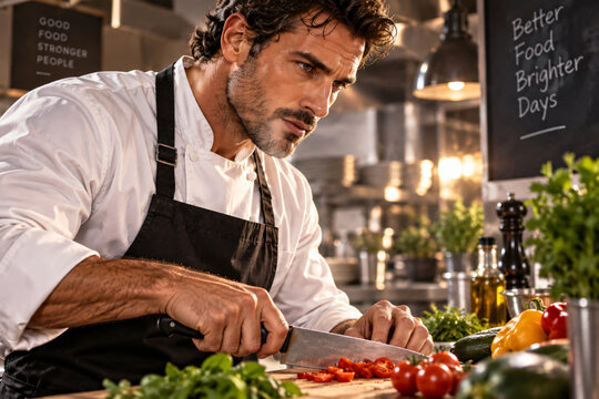 Professional chef in a modern restaurant kitchen carefully chopping fresh tomatoes and vegetables, representing cooking, healthy food and culinary expertise