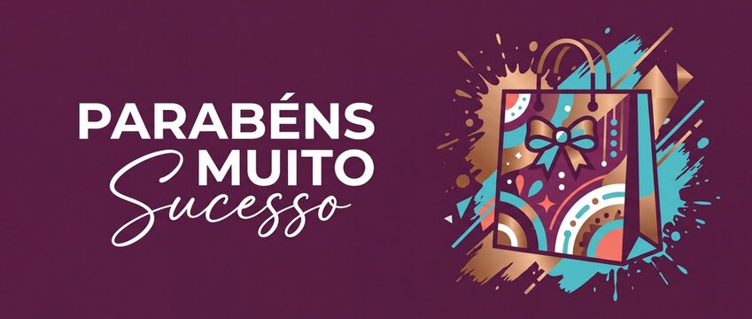 Parabens Muito Sucesso Portuguese banner template with gift shopping bag illustration for congratulations, business achievement, holiday sale greeting, and promotional marketing background design.