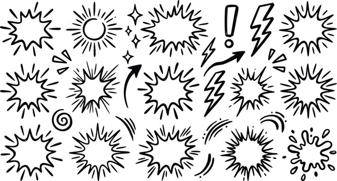 A collection of hand drawn comic book style explosion shapes lightning bolts and speech bubble elements on white background