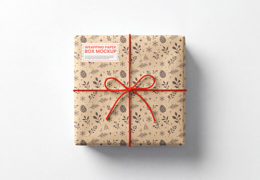 Wrapping Paper Gift Box Mockup with Ribbon