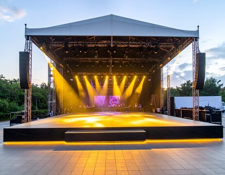 Empty outdoor stage setup with lights, sound system, canopy, and evening sky