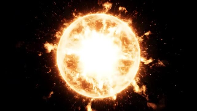 Sun glowing with orange solar flares in dark space background