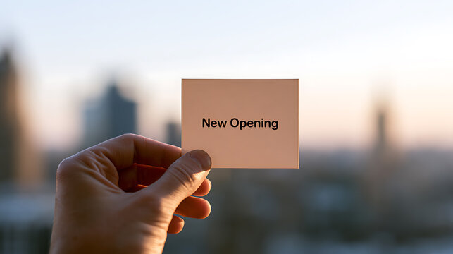 A person hand hold paper card with text new opening with blurry city background during sunrise for business announcement and modern event promo