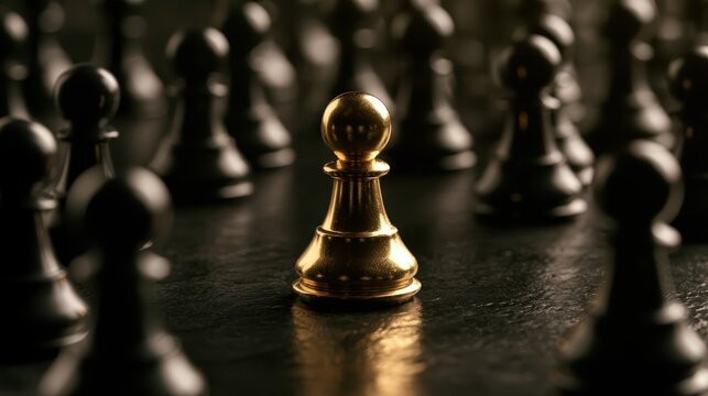 Golden chess pawn stands out among black pawns on a dark surface, symbolizing strategy, competition, and critical thinking in a challenging game.