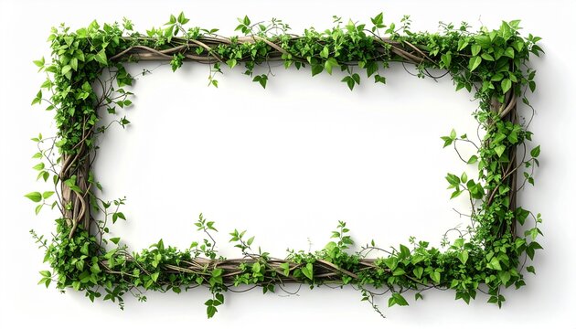 Rectangular Frame of Green Ivy Vines and Leaves on White Background