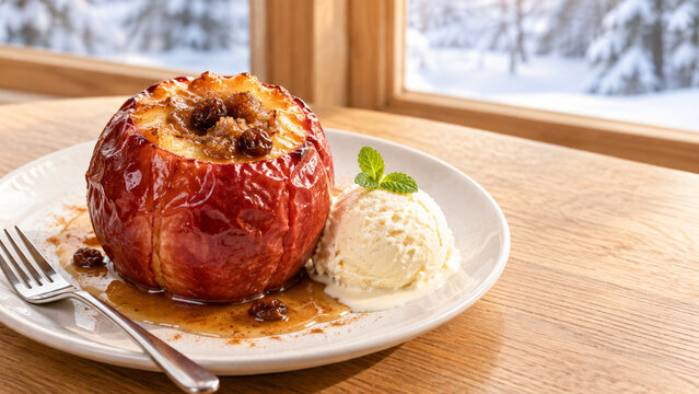雪の窓辺の丸ごと焼きりんごとバニラアイス