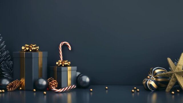 Festive holiday display with wrapped presents, candy cane, pinecones and decorative ornaments, set against a dark blue background, capturing the spirit of the season with elegance and charm.