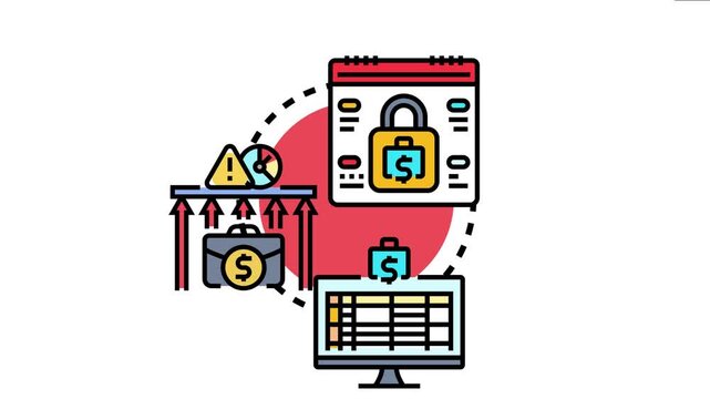 Low cost utilization concept featuring calendar with lock. Briefcases with money signs. And a desktop monitor displaying financial data