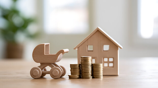 Wooden model of house, baby stroller, and coin stacks on table, symbolizing family finance, future savings, real estate investment, and loan