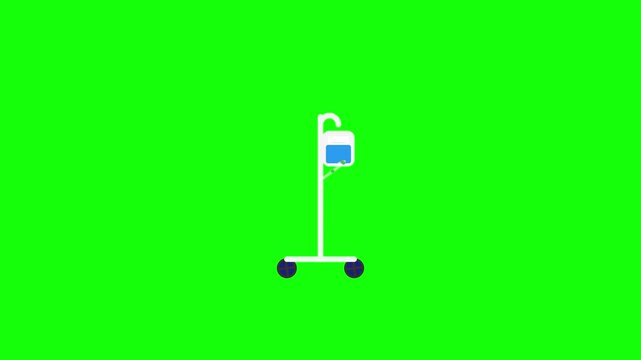 Flat vector medical IV drip stand icon for animation with blue saline bag and rolling wheels isolated on green screen background for healthcare video production and medical projects.