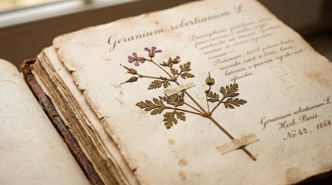 Vintage herbarium book displaying a delicate dried Geranium plant, carefully taped to aged paper, alongside elegant handwritten Latin script detailing its scientific classification