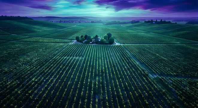 Dramatic Twilight Aerial View of a Vast Vineyard