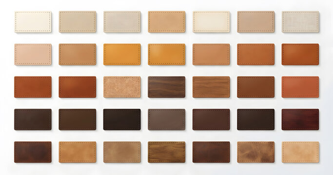 A collection of blank leather labels and clothing patches in various shades of brown
