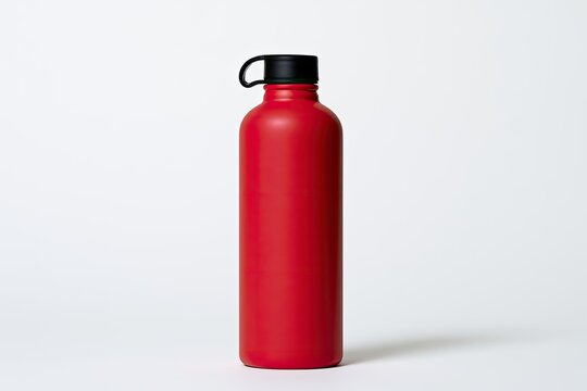 A vibrant red insulated metal water bottle with a black cap, isolated on white