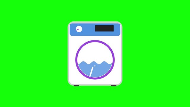 Flat design washing machine animation icon featuring a blue control panel and purple door frame with water movement inside, isolated on a vibrant green screen background for video.