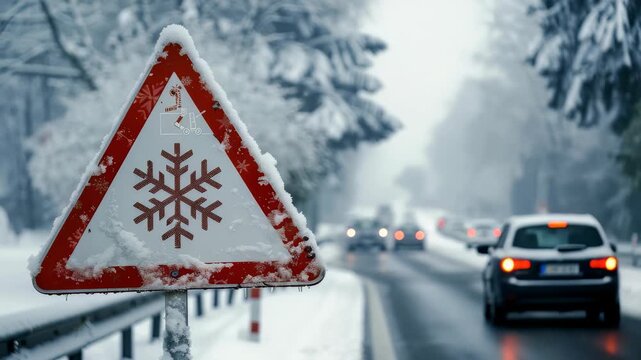A triangular road sign warns drivers of icy conditions ahead on a snow-covered road. The scene captures a wintry landscape with blurred vehicles in the background, emphasizing caution and safety.
