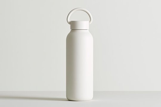 Minimalist matte white bottle with a looped cap on a plain background