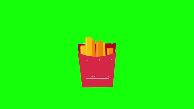 Animation icon of cartoon French fries in a red cardboard container with salt sprinkles, isolated on a green screen background for fast food video editing and motion graphics.