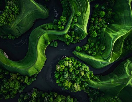 Aerial view of a lush green landscape with winding rivers and patches of trees