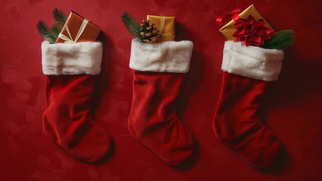 Three plush red Christmas stockings trimmed with white fur are displayed on a rich red textured surface, each holding a gold-wrapped present and a sprig of evergreen, perfect for the holidays.