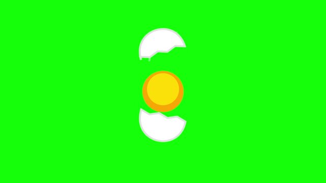 2D animation icon of a cracked white egg with a round yellow yolk centered between two broken shell pieces isolated on a solid green chroma key background for video editing.