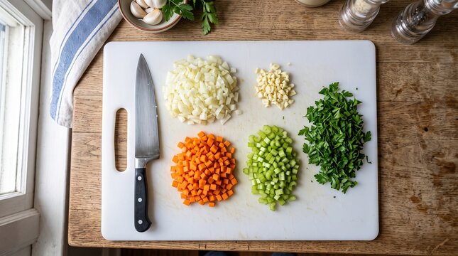 Top view of freshly chopped onions, carrots, celery, garlic, and parsley neatly arranged on a white cutting board next to a chef knife on a wooden kitchen counter