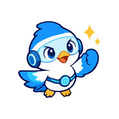 Fototapeta premium Cool bird technology mascot illustration with a simple cartoon style, modern design, smart expression, clean shapes, bold black outline, blue and purple colors, and white background.