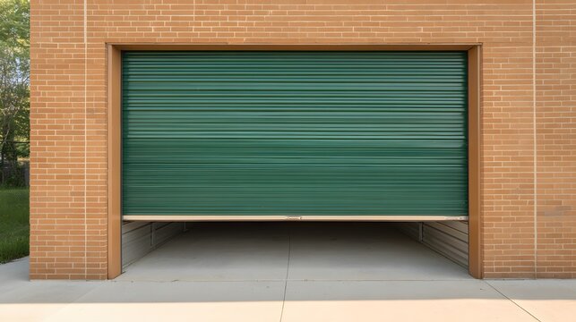 Partially open green roll up garage door on brick storage building.