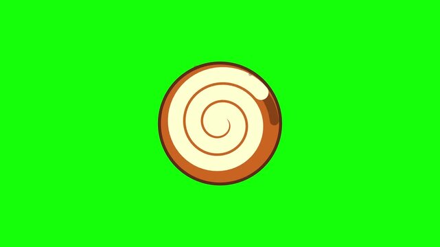 2D animation icon of a stylized cinnamon roll pastry with a spiral cream center and minimalist character eyes, isolated on a bright green screen background for digital media.