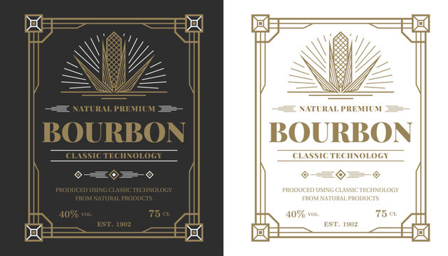 Western bourbon whiskey alcohol drink frame label, classic authentic drink bottle badge. Vector vintage wine pub sign, antique premium rum or liquor emblem with floral ornament. Retro luxury brandy