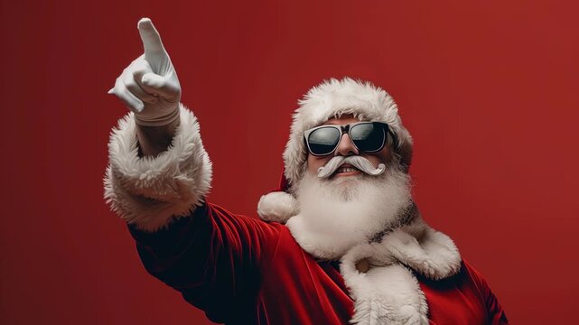 Santa with sunglasses pointing upwards against a red backdrop, dressed in his traditional red suit and white gloves. His expression exudes a fun and relaxed vibe, ready for the holidays.