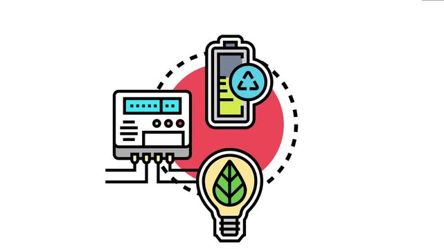 Sustainable energy resources concept showing a battery with recycle symbol, electric meter, and lightbulb with leaf element, representing efficiency and ecological benefit