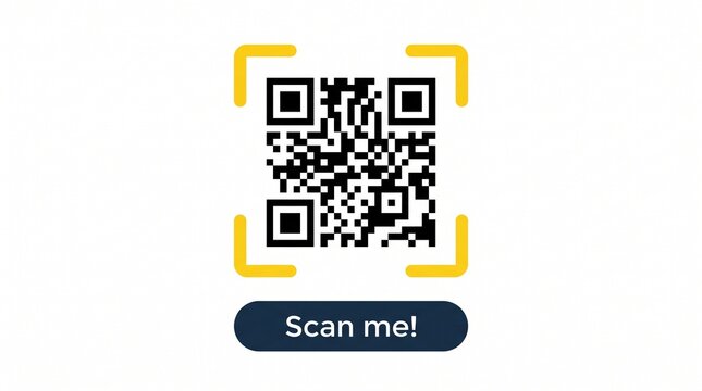 Black and white qr code with a yellow scanning frame and a scan me button with centered white background smart