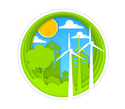 Paper cut wind turbine, sustainable green energy. Vector renewable ecology with city buildings, trees, sun, clouds, and paper landscape in 3d frame. Clean power, nature, alternative energy papercut