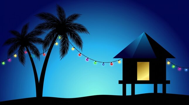 Silhouette of a beach hut and palm trees decorated with string lights against a blue night sky with small stilt