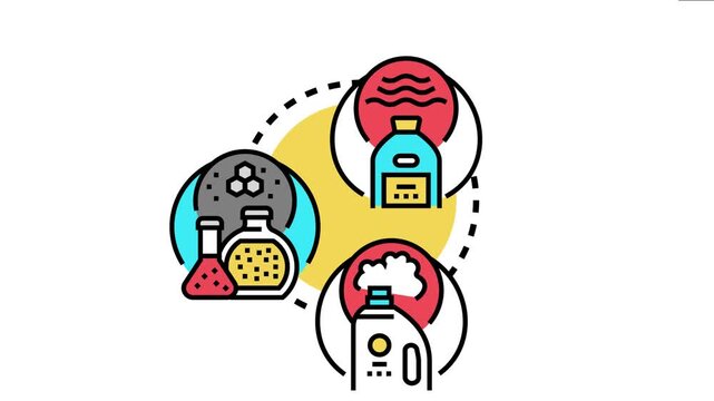 Illustrating the concept of low toxicity solvents and auxiliary ingredients, featuring various chemical containers and substances within a connected diagram, emphasizing safety and formulation