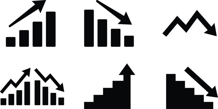 Financial Growth and Decline Chart Icon Set with Upward and Downward Arrows Representing Market Trends, Business Performance, Investment, and Analytics