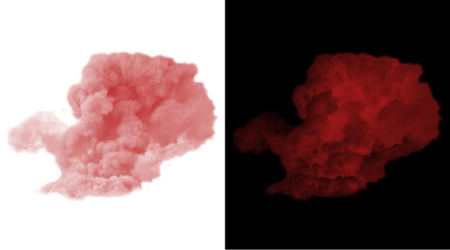 Red smoke explosion on white and black backgrounds, realistic colored dust cloud, abstract crimson steam puff for creative design