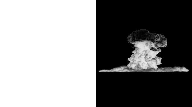 Nuclear explosion mushroom cloud on black background, white smoke blast illustration, atomic bomb detonation effect, cinematic disaster visual