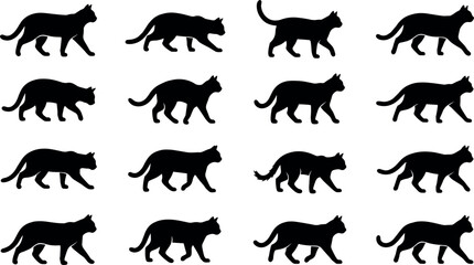 Obraz premium Cat walk cycle movement vector silhouettes set showing step sequence isolated on transparent background for animation character movement design projects
