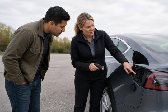 Used Electric Vehicle Battery Health Buyer and Inspector Checking EV Charging Port