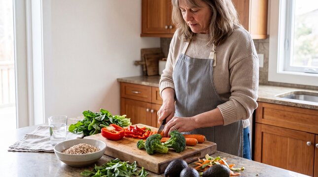Woman Preparing Fresh Vegetables in Home Kitchen for Healthy Homemade Meal