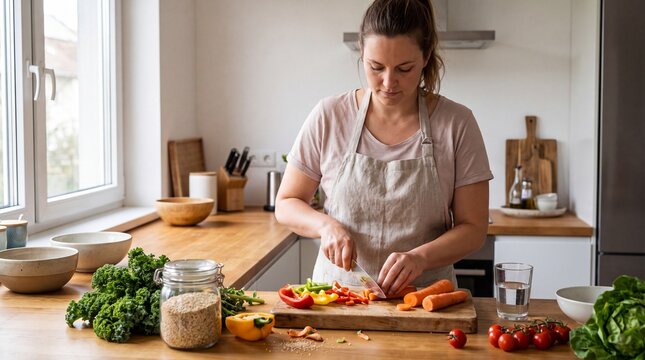 Woman Preparing Healthy Meal with Fresh Vegetables in Bright Home Kitchen