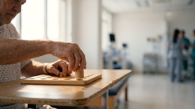 Senior Male Patient Performing Occupational Therapy Exercises with Wooden Peg Board in Hospital