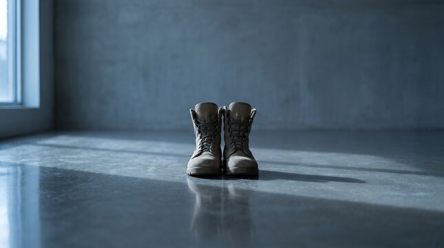 A pair of military combat boots standing on concrete floor indoors