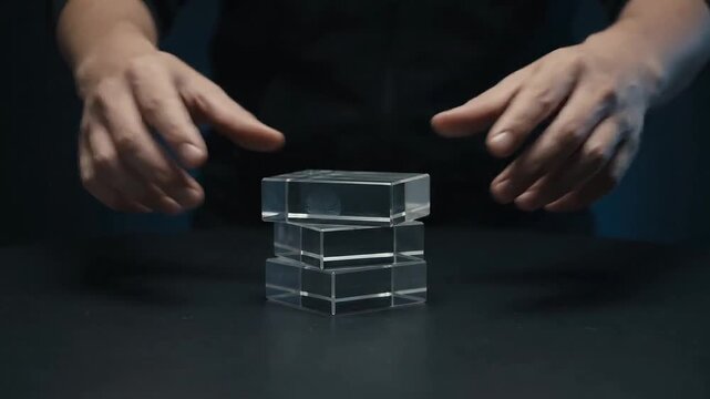 Hands stacking clear glass blocks on dark surface