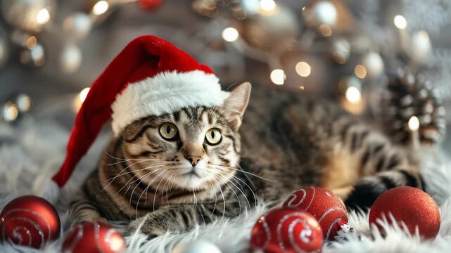 A tabby cat wearing a Santa hat lays comfortably on a plush white blanket surrounded by festive Christmas ornaments and blurred fairy lights, creating a cozy holiday scene.